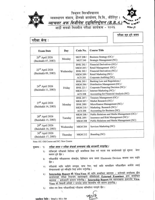 BBA 8th semester exam schedule